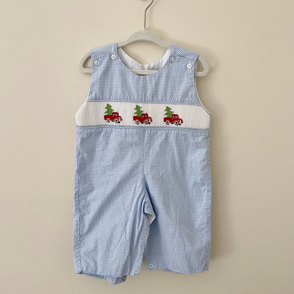 Classic Whimsy Baby Boy Smocked Blue Gingham Christmas Tree Jon Jon